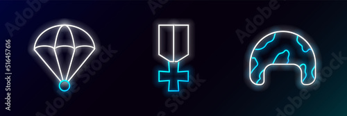 Set line Military helmet, Parachute and reward medal icon. Glowing neon. Vector