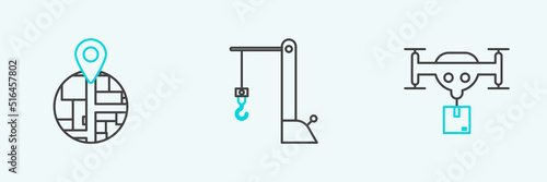 Set line Delivery drone with the package, and Harbor port crane icon. Vector