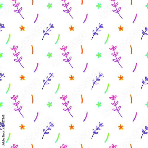 Vector seamless pattern with leaves and flowers in doodle style. Botanical illustration with herbs in purple, green and orange gradient. Design for textile, wallpaper, fabric, wrapping decor