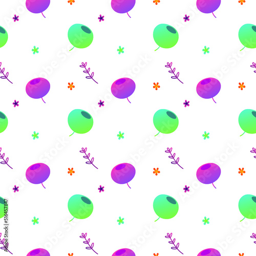 Vector seamless pattern with berries, leaves and flowers. Botanical illustration in purple and green gradient, isolated on white background. Wallpaper design for textile, fabric, wrapping decor 
