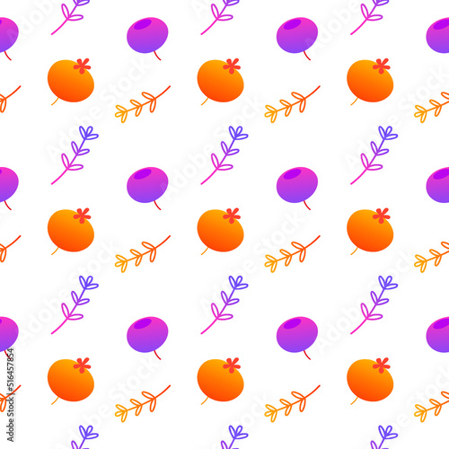 Berries and leaves seamless vector pattern. Illustration with isolated elements in pink and orange gradient. Wallpaper design for textile, fabric, wrapping decor and other graphics
