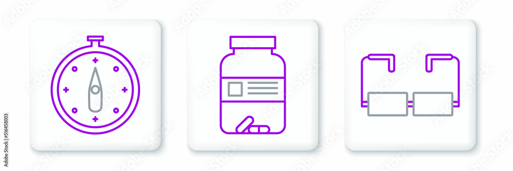 Set line Glasses, Compass and Medicine bottle and pills icon. Vector Set line Glasses, Compass and Medicine bottle and pills icon. Vector