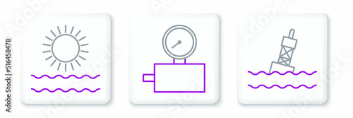 Set line Floating buoy on the sea, Sun and waves and Gauge scale icon. Vector