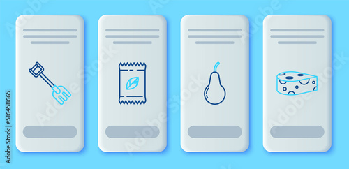 Set line A pack full of seeds of a specific plant, Pear, Garden rake and Cheese icon. Vector