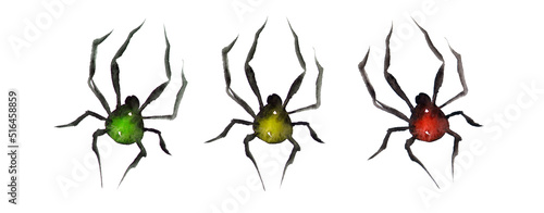 Big black toy watercolor spiders on a white background for halloween, copy space, Flat lay