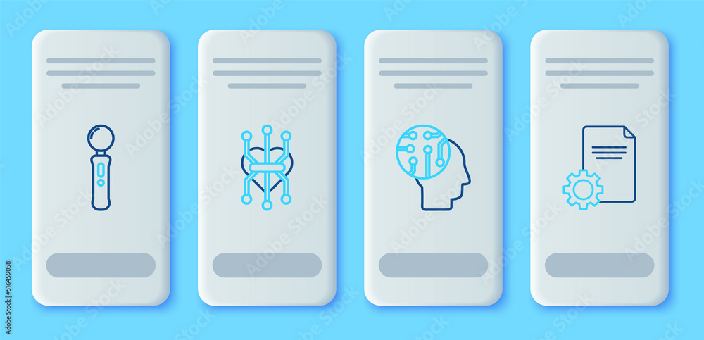 Set line Processor, Human brain as digital circuit board, Gamepad and File document icon. Vector Set line Processor, Human brain as digital circuit board, Gamepad and File document icon. Vector