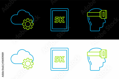 Set line Virtual reality glasses, Cloud technology data transfer and storage and Tablet with text 5k icon. Vector