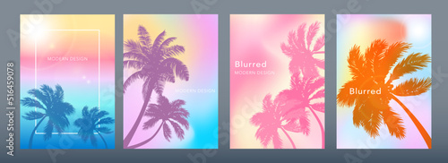 Summertime backgrounds set with palm trees, hot sun and blurry gradient. Colorful design for travel catalog, menu, card, flyer, banner. Sunny Days poster. Vector illustration.