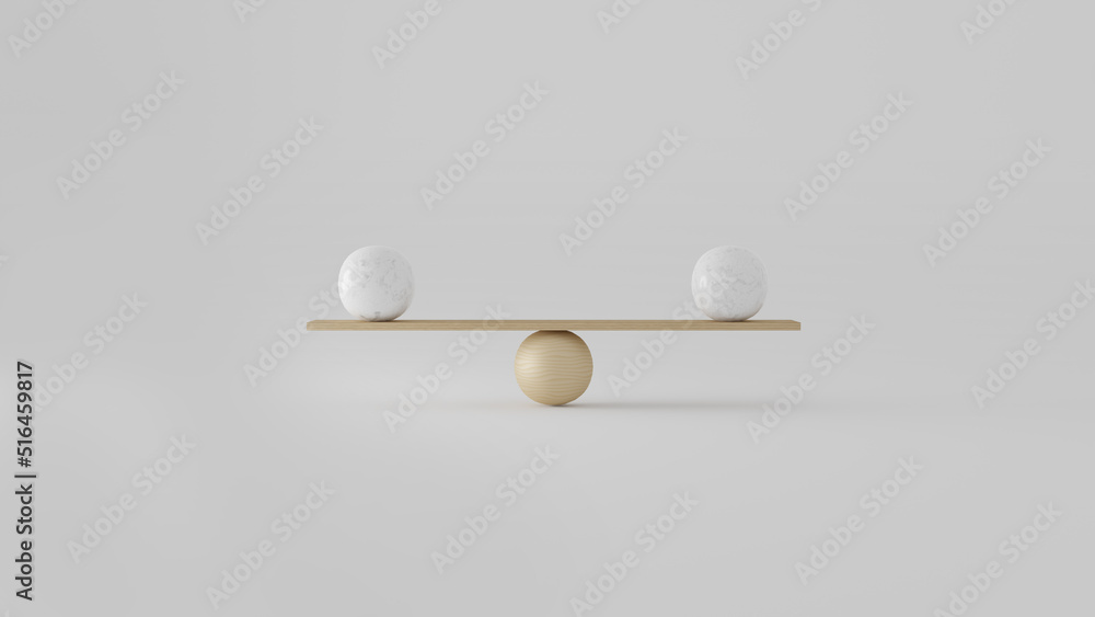3D rendering of scales with white marble spheres