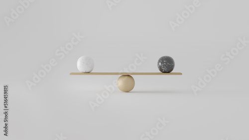 3D rendering of scales with black and white marble spheres