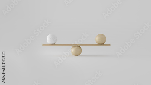 3D rendering of scales with wooden and white marble spheres
