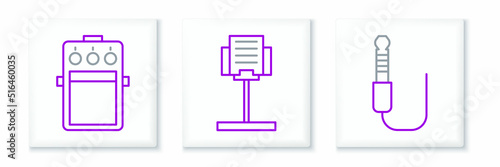 Set line Audio jack, Guitar pedal and Music stand icon. Vector