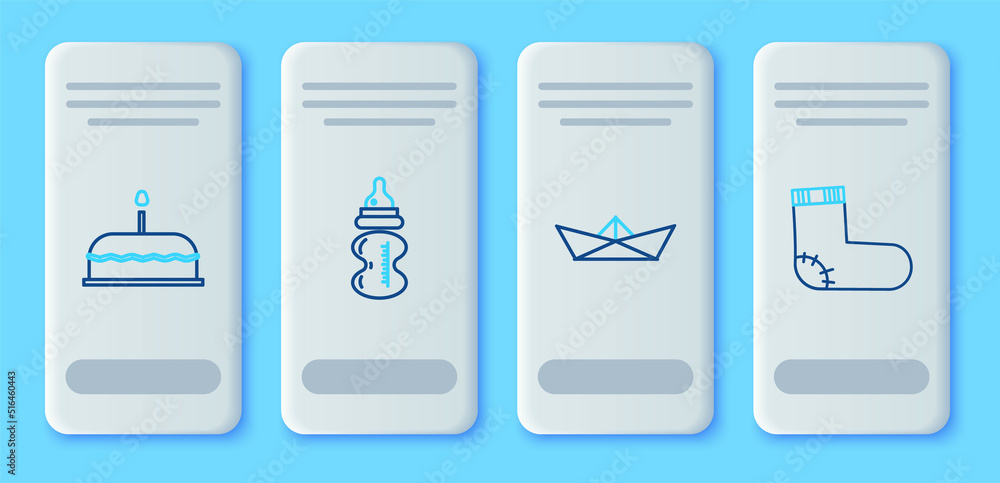 Set line Baby bottle, Folded paper boat, Cake with burning candles and socks clothes icon. Vector