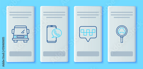 Set line Taxi call telephone service, Map pointer with taxi, Car and Magnifying glass and car icon. Vector