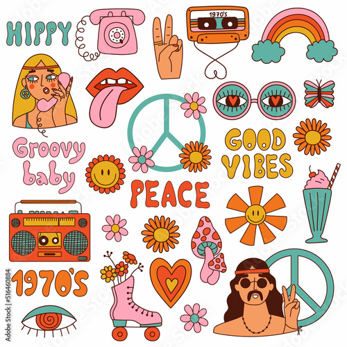 Set of Retro 70s groovy elements. Hippy collection. Vector illustration
