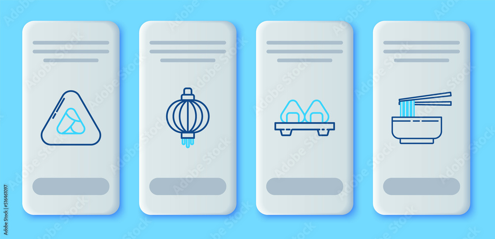 Set line Japanese paper lantern, Sushi on cutting board, and Asian noodles bowl and chopsticks icon. Vector