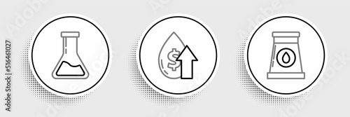 Set line Oil and gas industrial factory building, Test tube flask and price increase icon. Vector