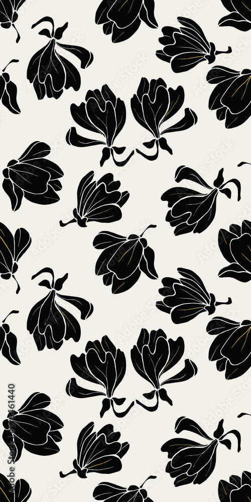Black magnolia seamless pattern. Hand drawn vector illustration for wrapping paper, textile and background. Black magnolia seamless pattern. Hand drawn vector illustration for wrapping paper, textile and background.