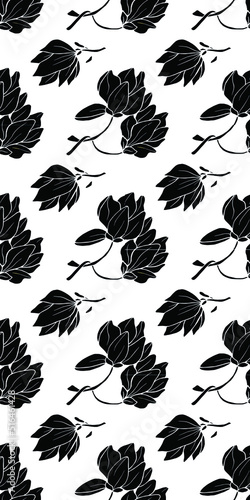Black magnolia seamless pattern. Hand drawn vector illustration for wrapping paper, textile and background.