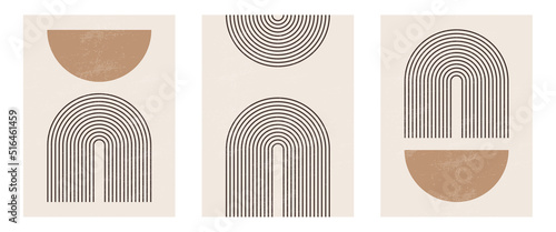 Set of Mid century modern minimalist art print with organic natural shape. Abstract contemporary aesthetic background with geometric Minimal black line on beige. Boho wall decor