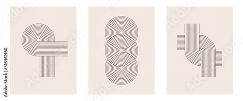 Set of Mid century modern minimalist art print with organic natural shape. Abstract contemporary aesthetic background with geometric Minimal black line on beige. Boho wall decor