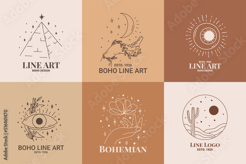 Boho mystic doodle esoteric logo set. Magic line art icon with pyramid, sunset, sun, hand, moon, eye