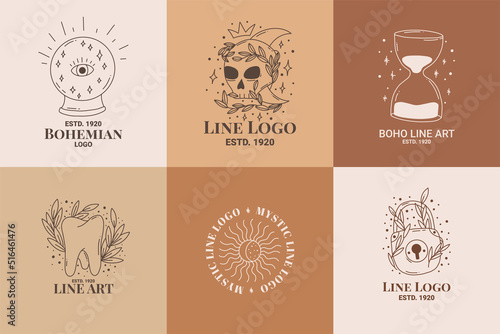 Boho mystic doodle esoteric logo set. Magic line art icon with hourglass, skull, tooth, castle sun