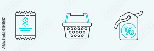 Set line Discount percent tag, Paper check and financial check and Shopping basket icon. Vector