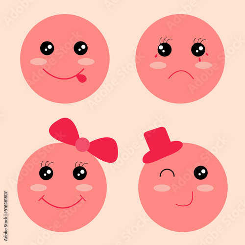 Pink face character emoticons in smile, crying, lady and gentleman facial expressions. Cute funny kawaii set.