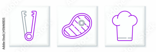 Set line Chef hat, Meat tongs and Steak meat icon. Vector