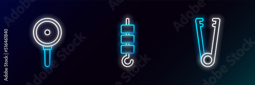 Set line Meat tongs, Frying pan and Grilled shish kebab skewer stick icon. Glowing neon. Vector
