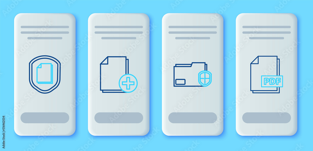 Set line Add new file, Document folder protection, concept and PDF document icon. Vector Set line Add new file, Document folder protection, concept and PDF document icon. Vector