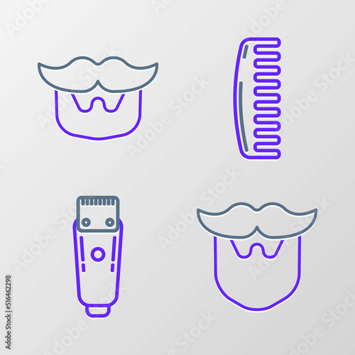 Set line Mustache and beard, Electrical hair clipper or shaver, Hairbrush and icon. Vector