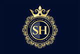 SH Initial Letter Gold calligraphic feminine floral hand drawn heraldic monogram antique vintage style luxury logo design Premium Vector