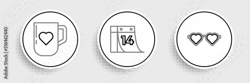 Set line Heart shaped love glasses, Coffee cup and heart and Calendar with February 14 icon. Vector