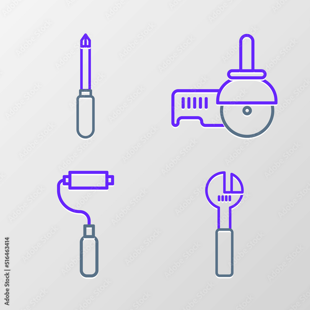 Set line Adjustable wrench, Paint roller brush, Angle grinder and Screwdriver icon. Vector Set line Adjustable wrench, Paint roller brush, Angle grinder and Screwdriver icon. Vector
