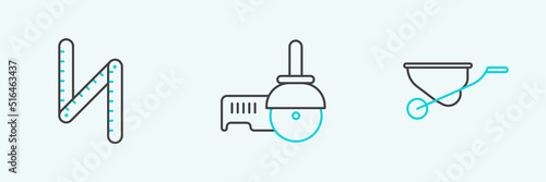 Set line Wheelbarrow, Folding ruler and Angle grinder icon. Vector