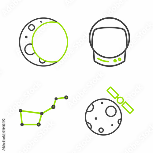 Set line Satellites orbiting the planet Earth, Great Bear constellation, Astronaut helmet and Moon icon. Vector
