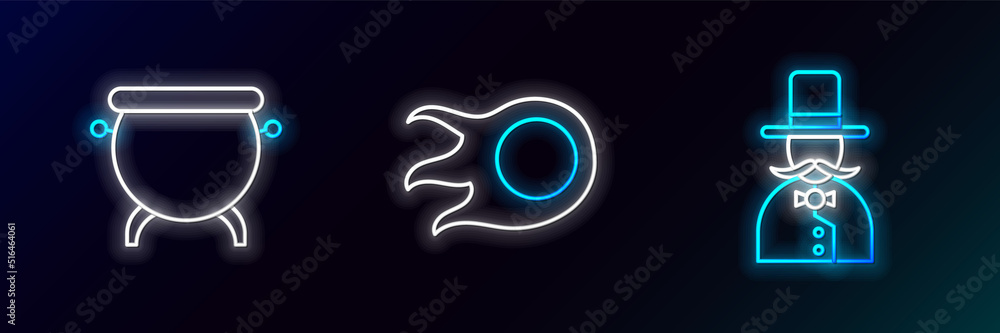 Set line Magician, Witch cauldron and Fireball icon. Glowing neon. Vector Set line Magician, Witch cauldron and Fireball icon. Glowing neon. Vector