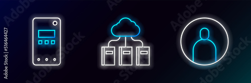 Set line Create account screen, Mobile phone and Cloud or online library icon. Glowing neon. Vector
