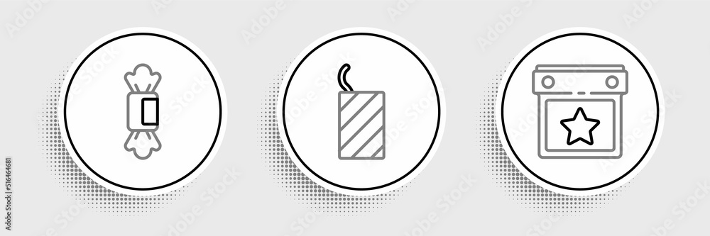 Set line Calendar party, Candy and Firework rocket icon. Vector Set line Calendar party, Candy and Firework rocket icon. Vector