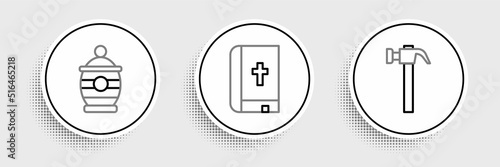 Set line Hammer, Funeral urn and Holy bible book icon. Vector