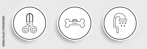 Set line Pet shower, Scissors hairdresser and Dog bone icon. Vector