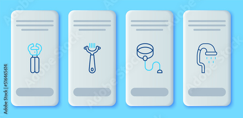 Set line Hair brush for dog and cat, Retractable cord leash, Pet nail clippers and shower icon. Vector