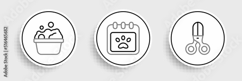 Set line Scissors hairdresser, Pets bath and Calendar grooming icon. Vector