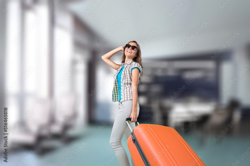 Fototapeta premium Airport Terminal, Happy Traveling Woman Waiting at Flight Gates for Plane Boarding, Vacation Trip