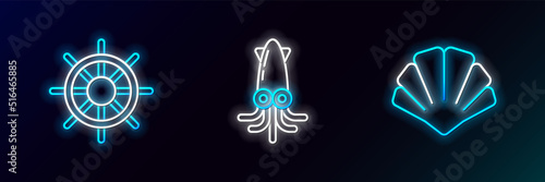 Set line Scallop sea shell, Ship steering wheel and Octopus icon. Glowing neon. Vector