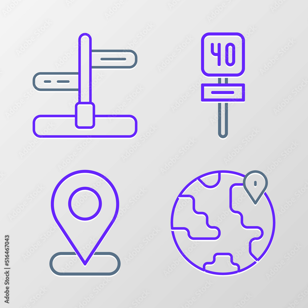 Set line Location on the globe, Road traffic sign and icon. Vector Set line Location on the globe, Road traffic sign and icon. Vector