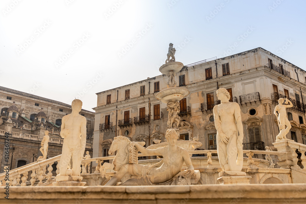 fountain of shame of the city of palermo sicily italy in summer