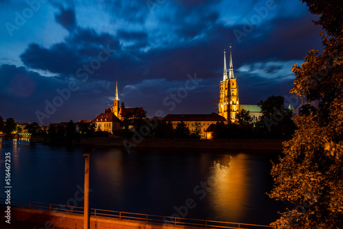 evening view of the Wroclaw embankment and cathedra photo